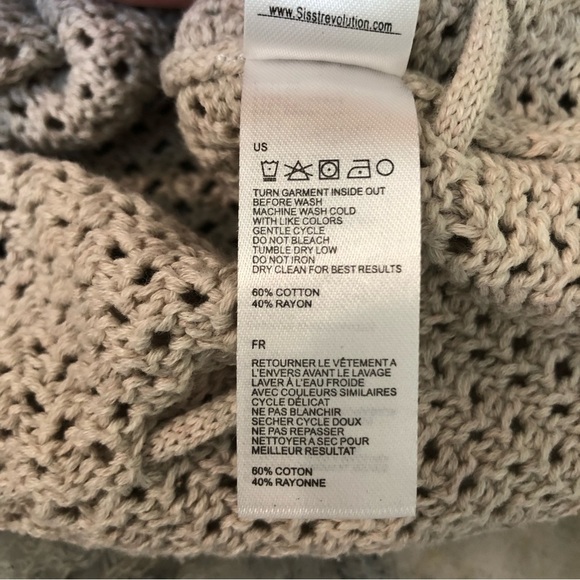 Amuse Society LS knit crochet tan cotton blend sweater drawstring neck n waist S - Picture 8 of 10